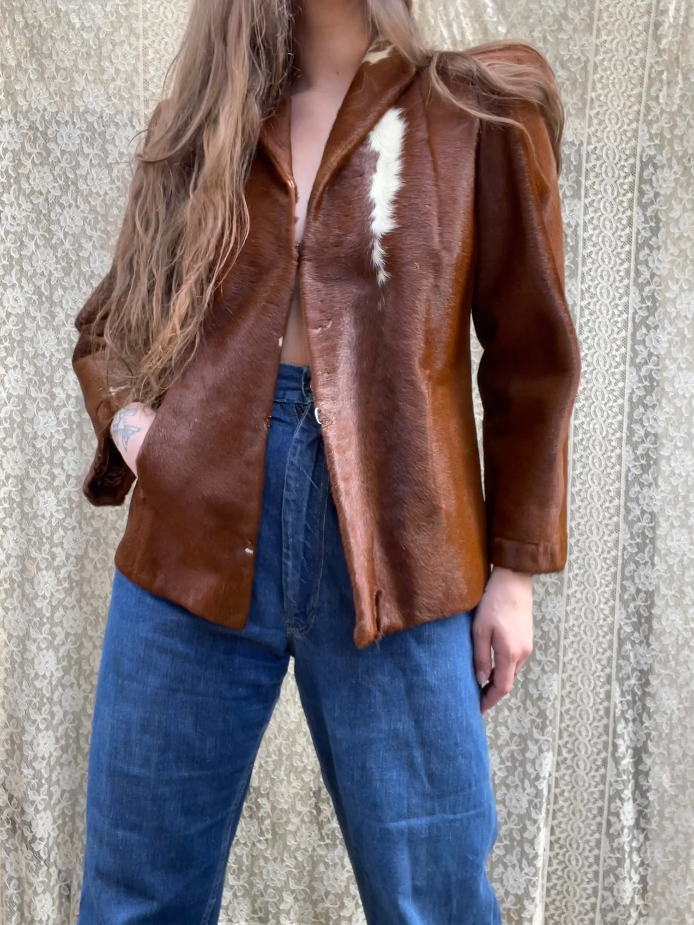 1940s Pagoda Shoulder Cowhide Hair On Hide Jacket