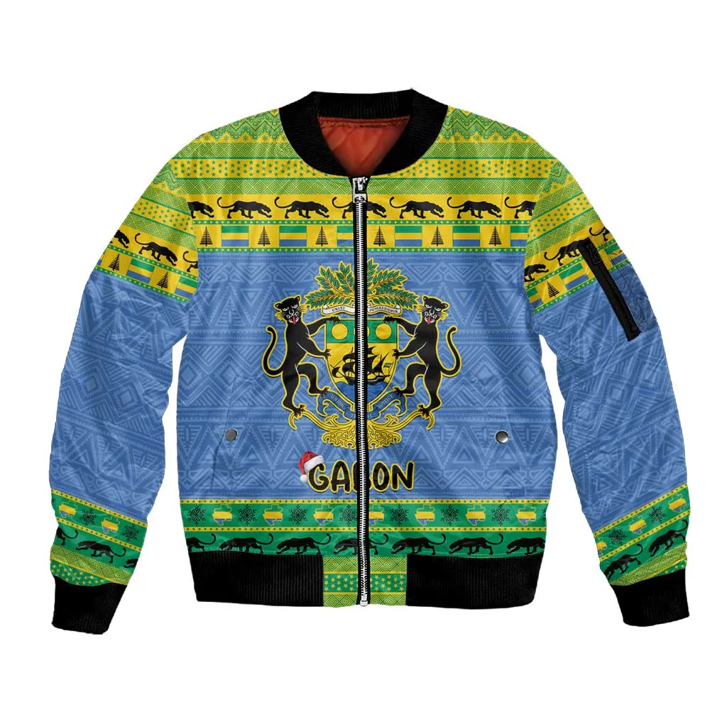 Afro Gabon Christmas Sleeve Zip Bomber Jacket Coat Of Arms Mix African Pattern LT15