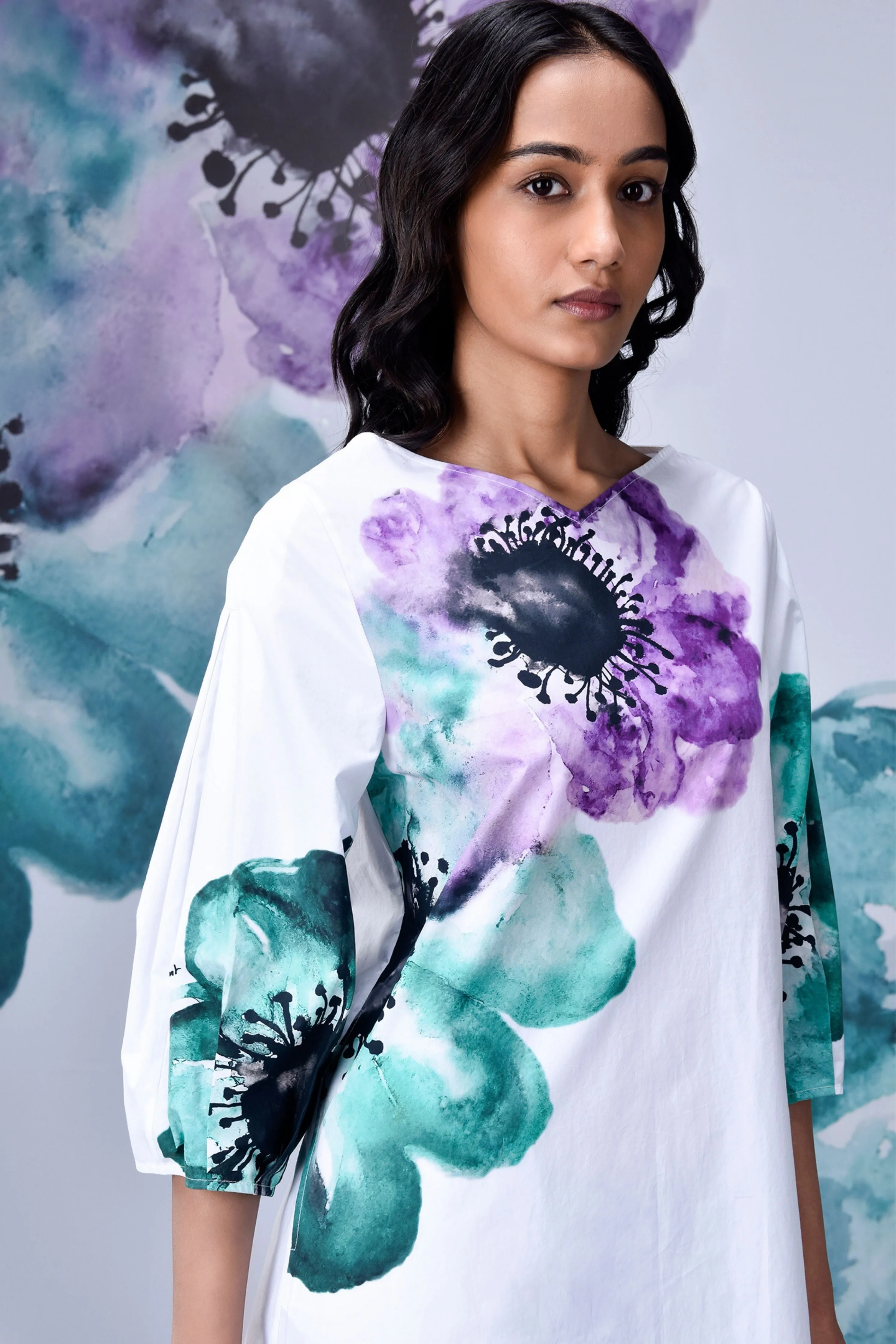 Anemone Flower Dress White Green