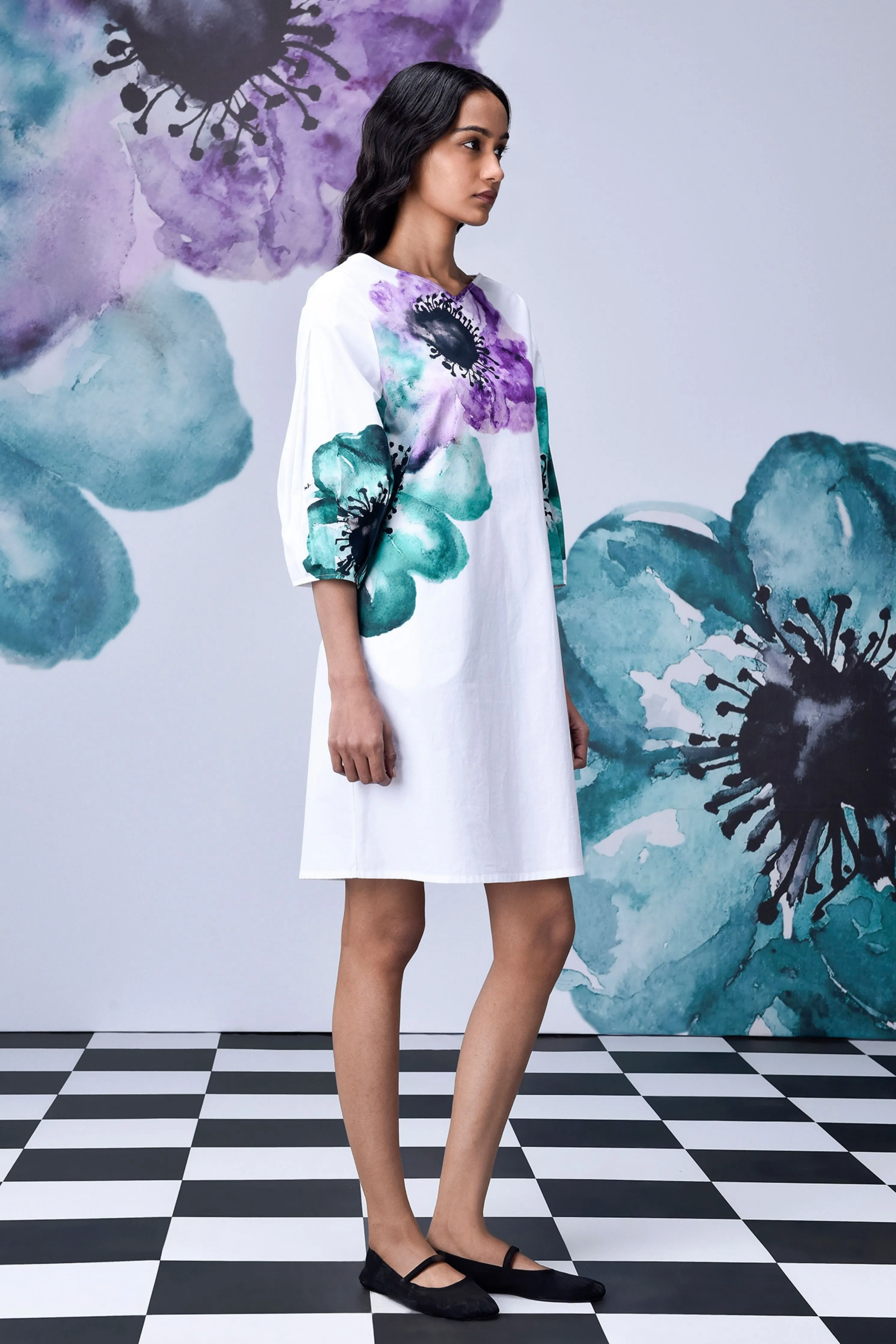 Anemone Flower Dress White Green