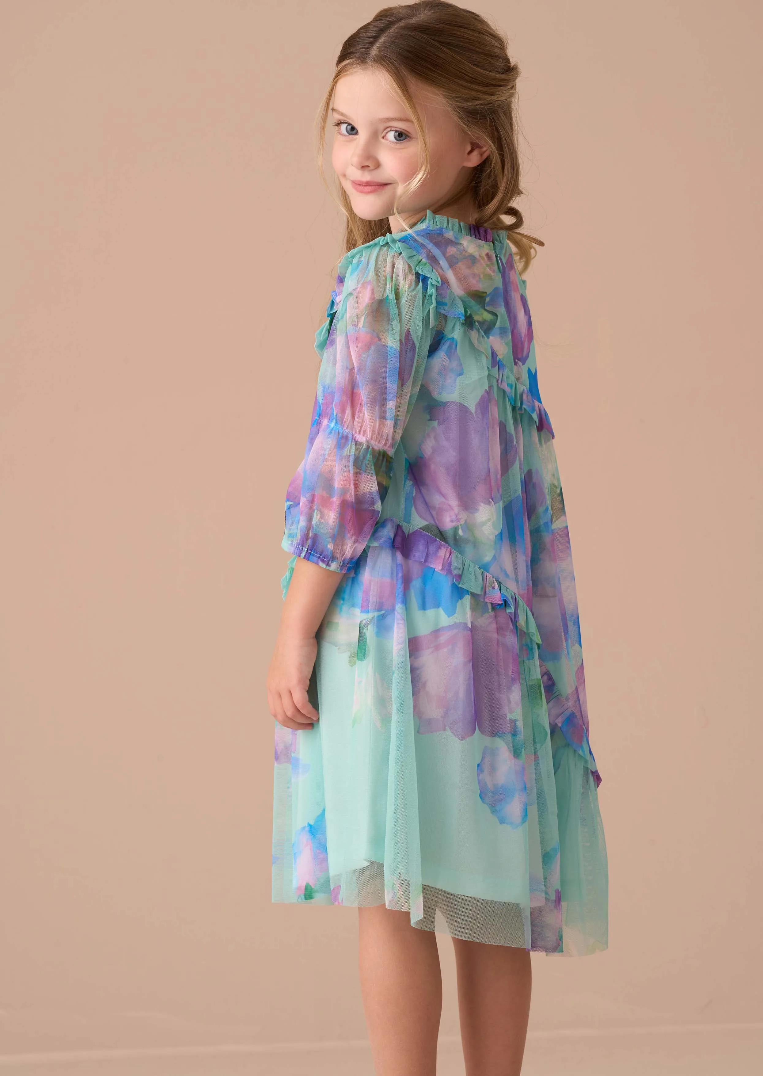 Beatrice Blue Mesh Asymmetric Frill Dress