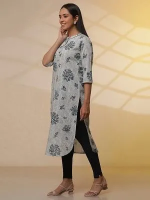 Beige and Blue Floral Printed Kurta, Tights and Dupatta Set