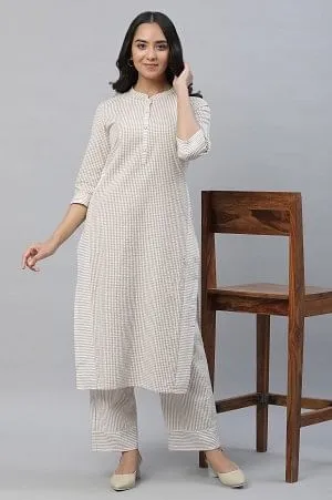 Beige Checker Seer Sucker Kurta & Palazzo Co-ord Set