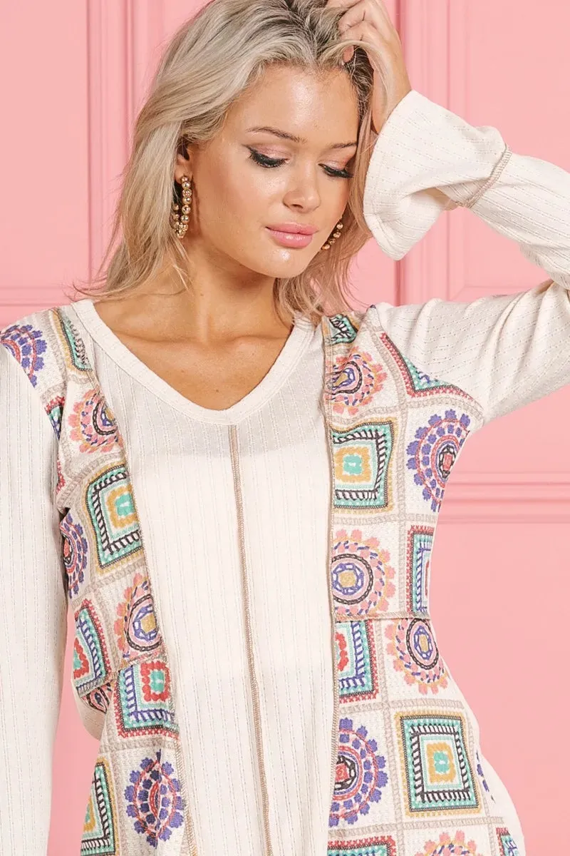 BiBi Granny Square Print Contrast Annie Rib V Neck Top