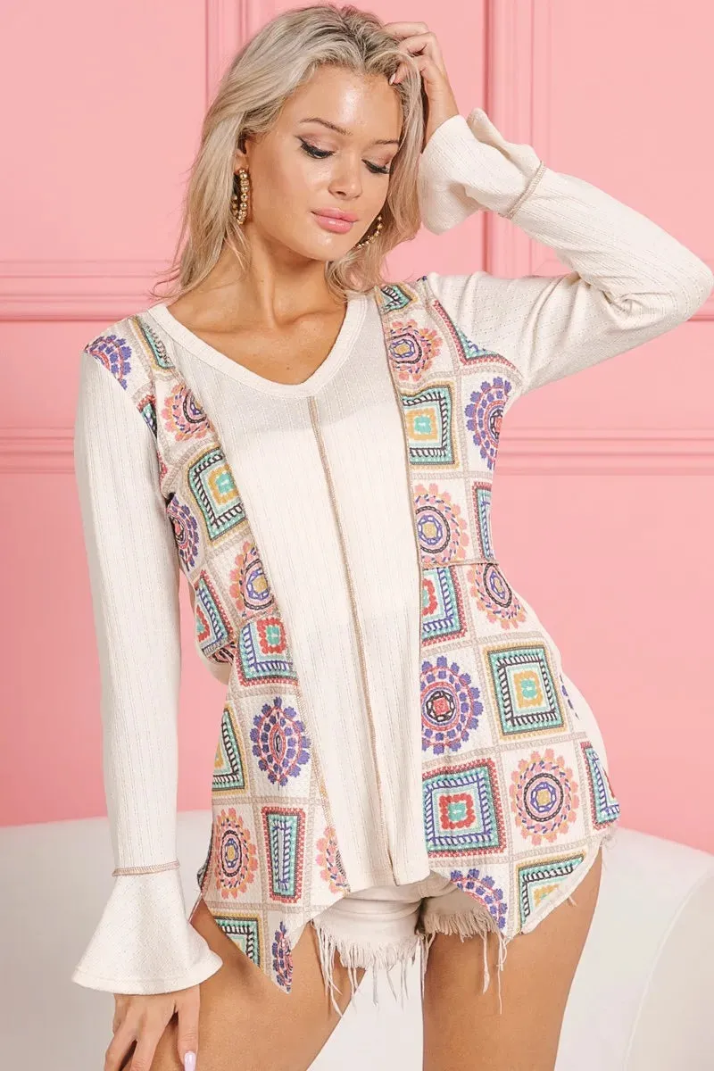 BiBi Granny Square Print Contrast Annie Rib V Neck Top