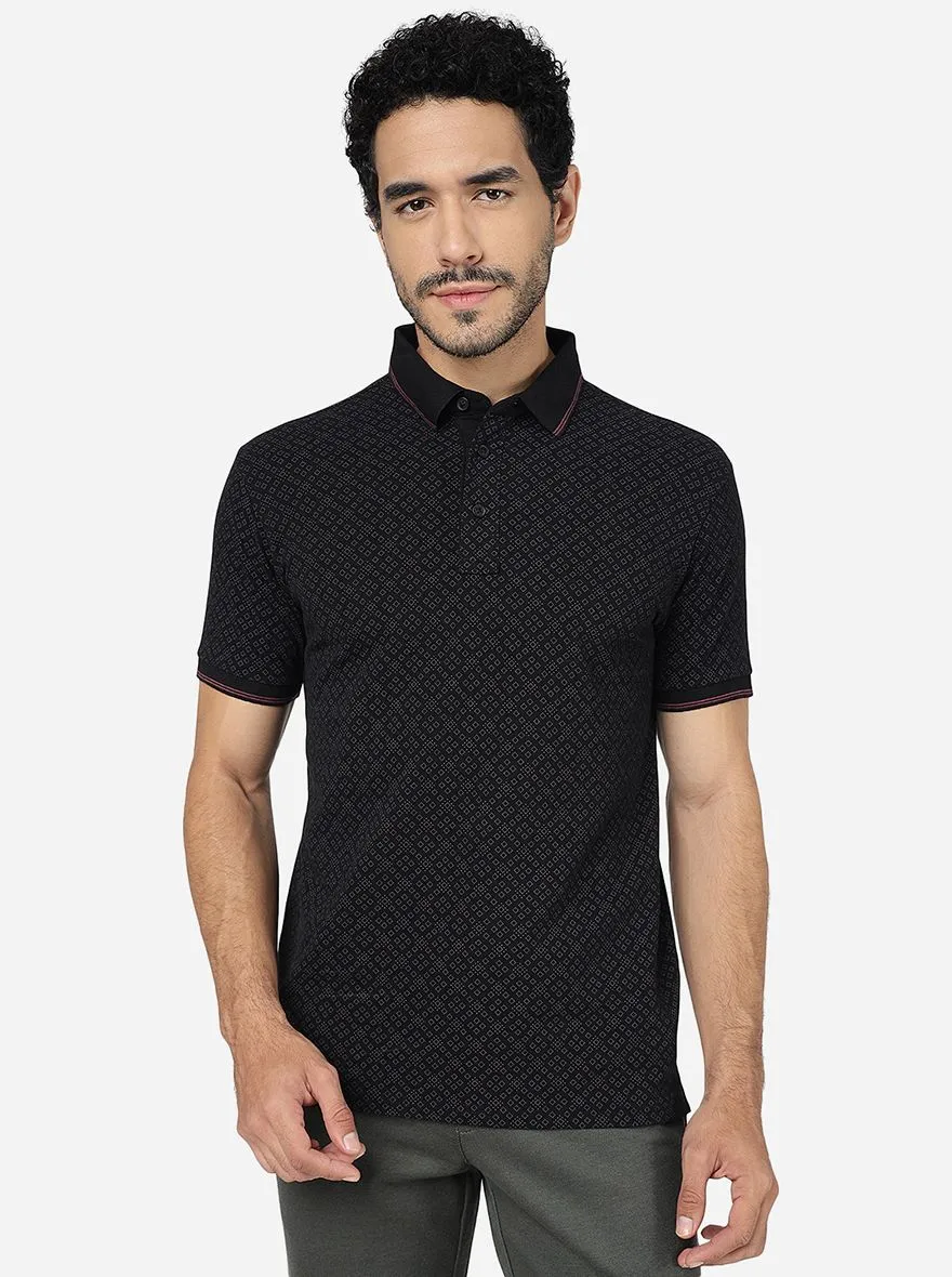 Black Printed Slim Fit Polo T-Shirt | JadeBlue