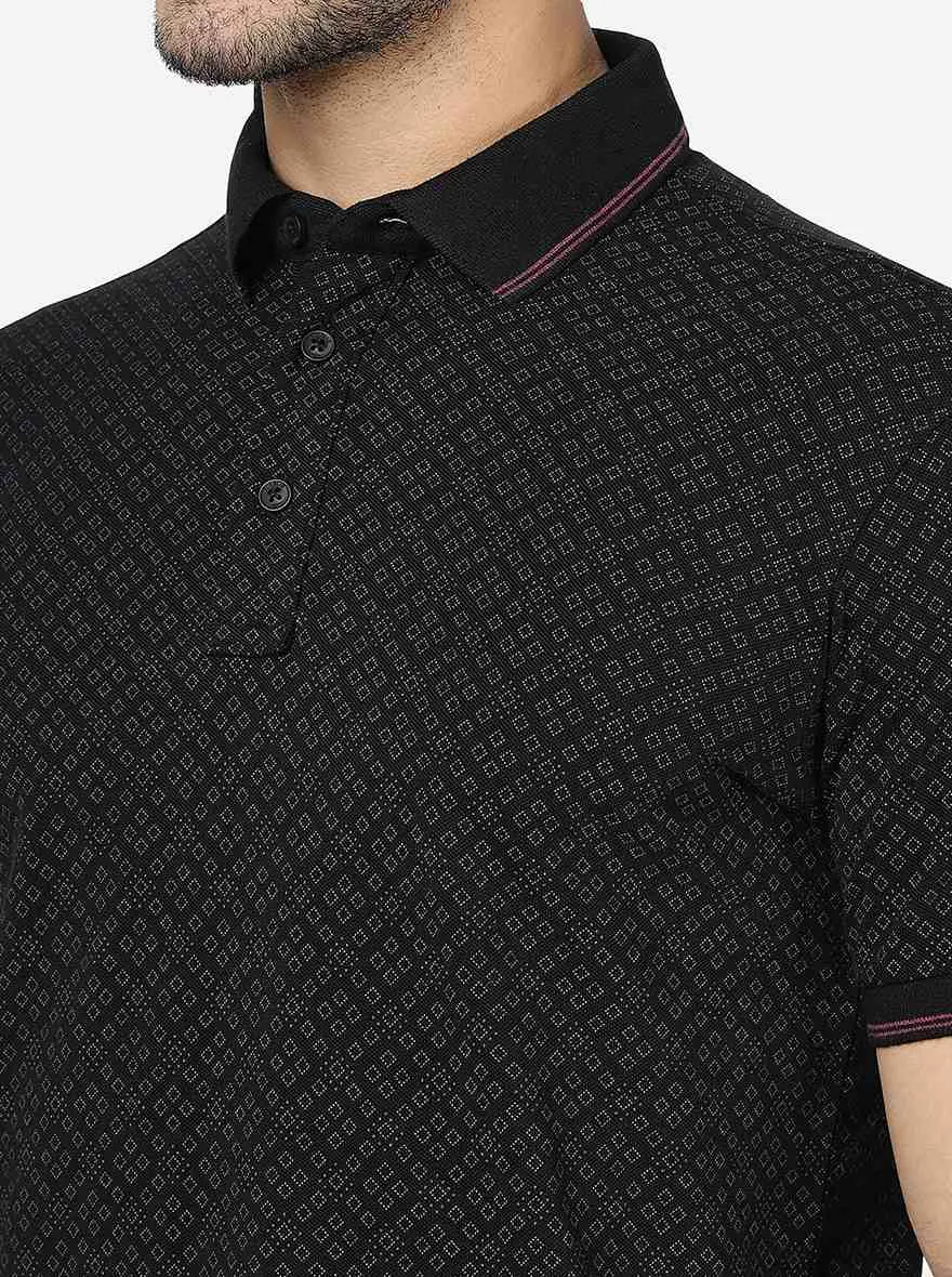 Black Printed Slim Fit Polo T-Shirt | JadeBlue