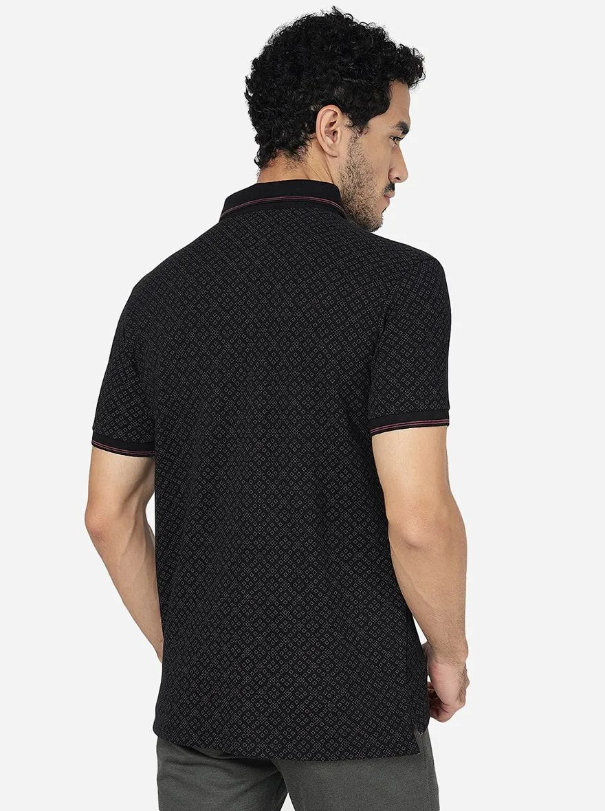 Black Printed Slim Fit Polo T-Shirt | JadeBlue