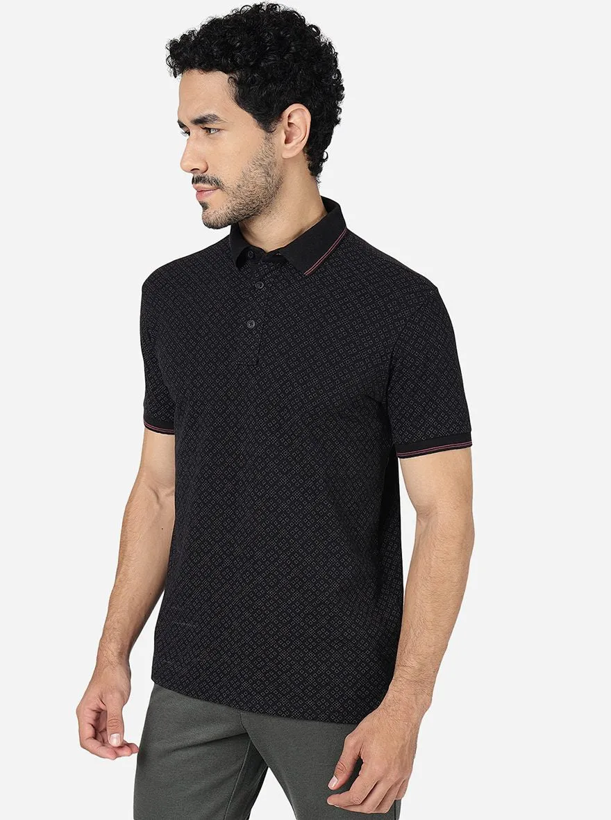 Black Printed Slim Fit Polo T-Shirt | JadeBlue