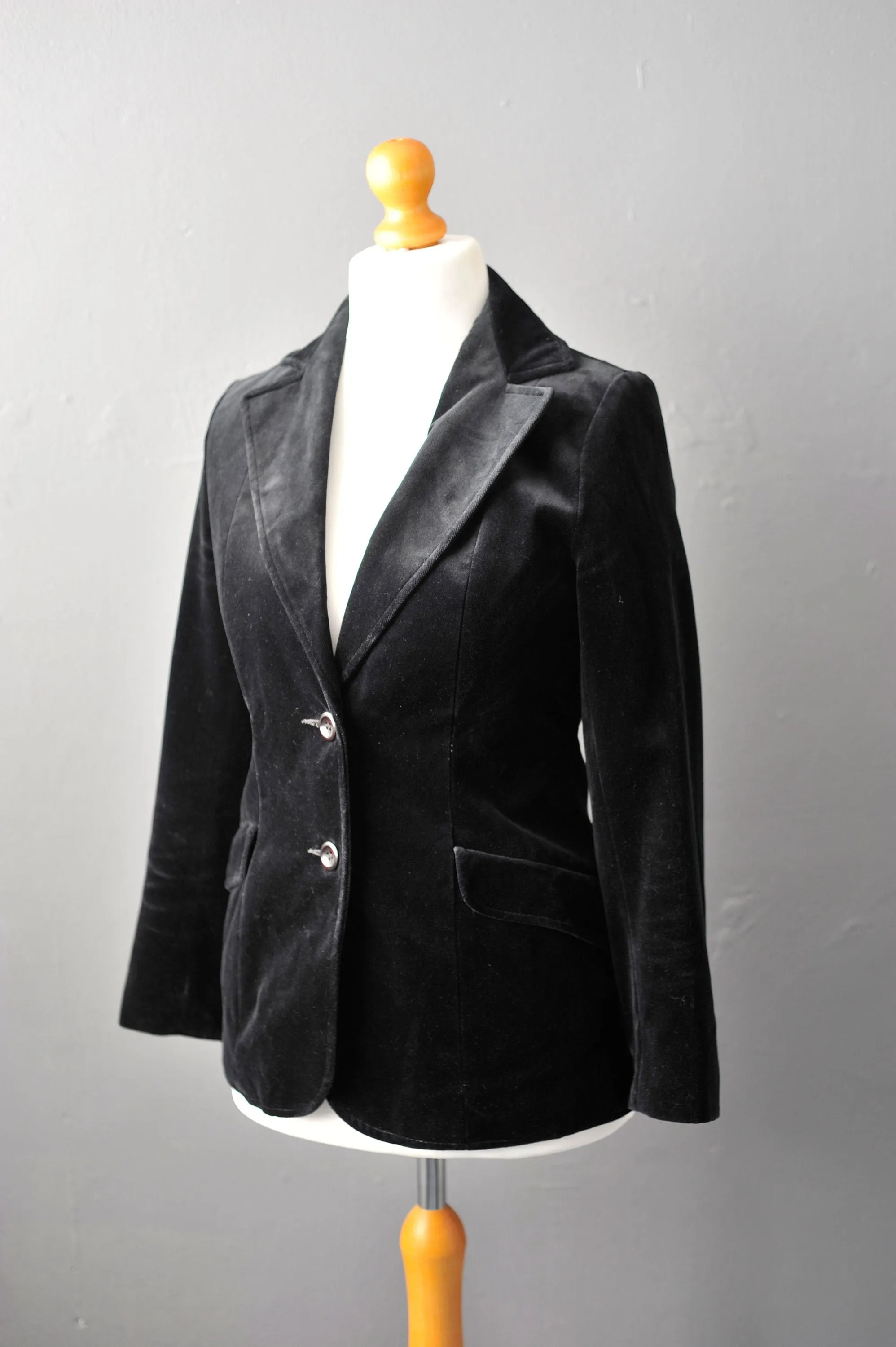 Black Velvet Jacket, Vintage 80s Fitted Boho Blazer, Size Small