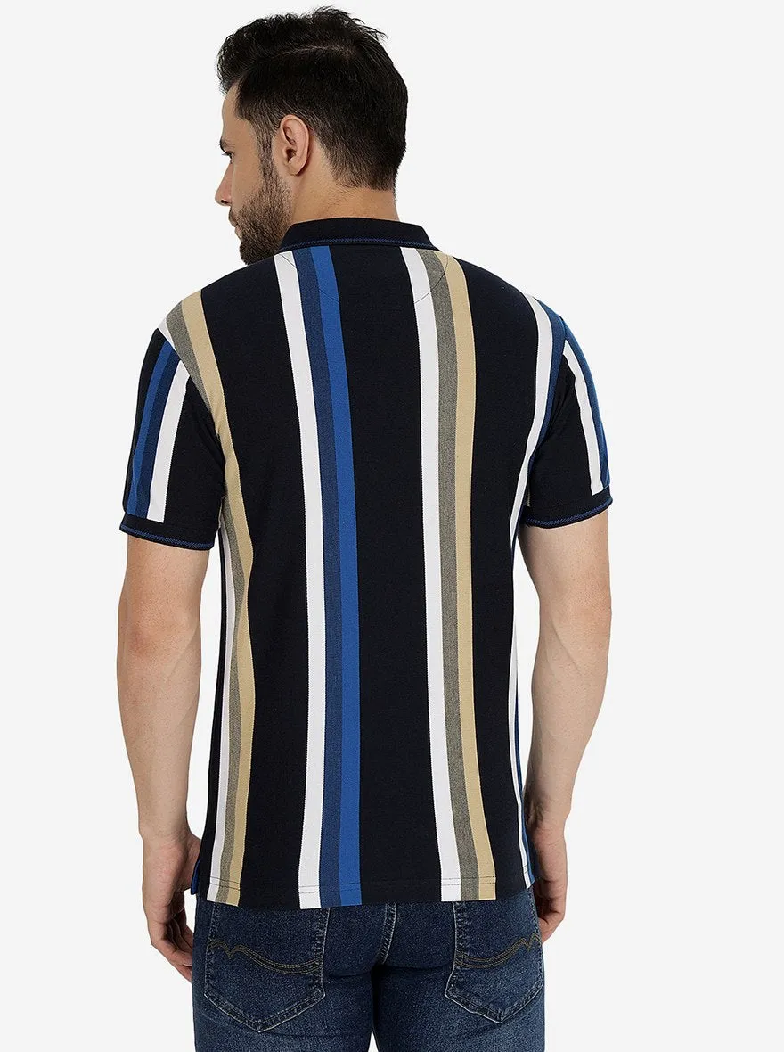Blue & White Striped Slim Fit Polo T-Shirt | Greenfibre