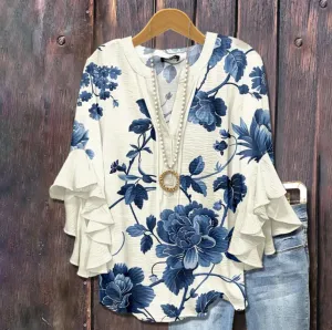Blue Bloom - Ruffle Sleeve Floral Top
