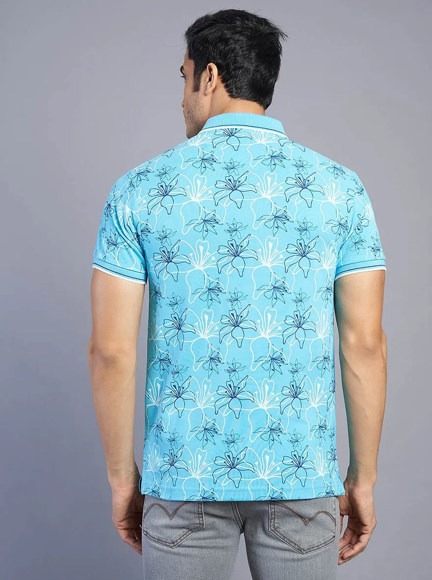 Blue Printed Slim Fit Polo T-Shirt | Greenfibre