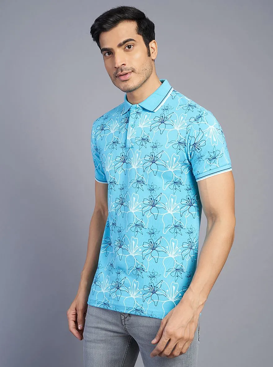 Blue Printed Slim Fit Polo T-Shirt | Greenfibre