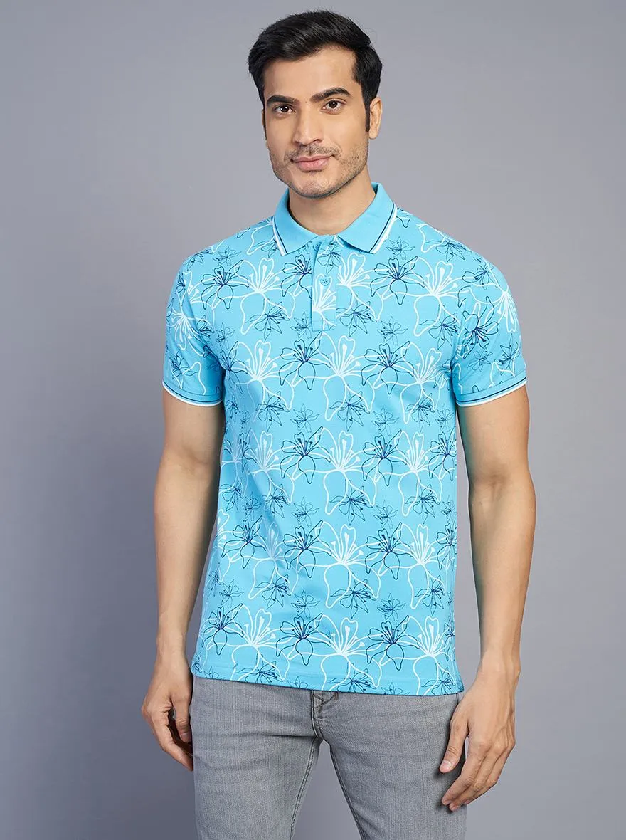 Blue Printed Slim Fit Polo T-Shirt | Greenfibre