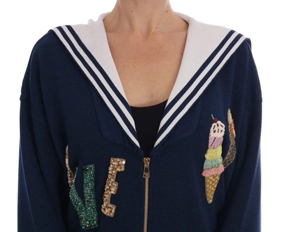 Blue Silk Crystal LOVE Ice Cream Sweater