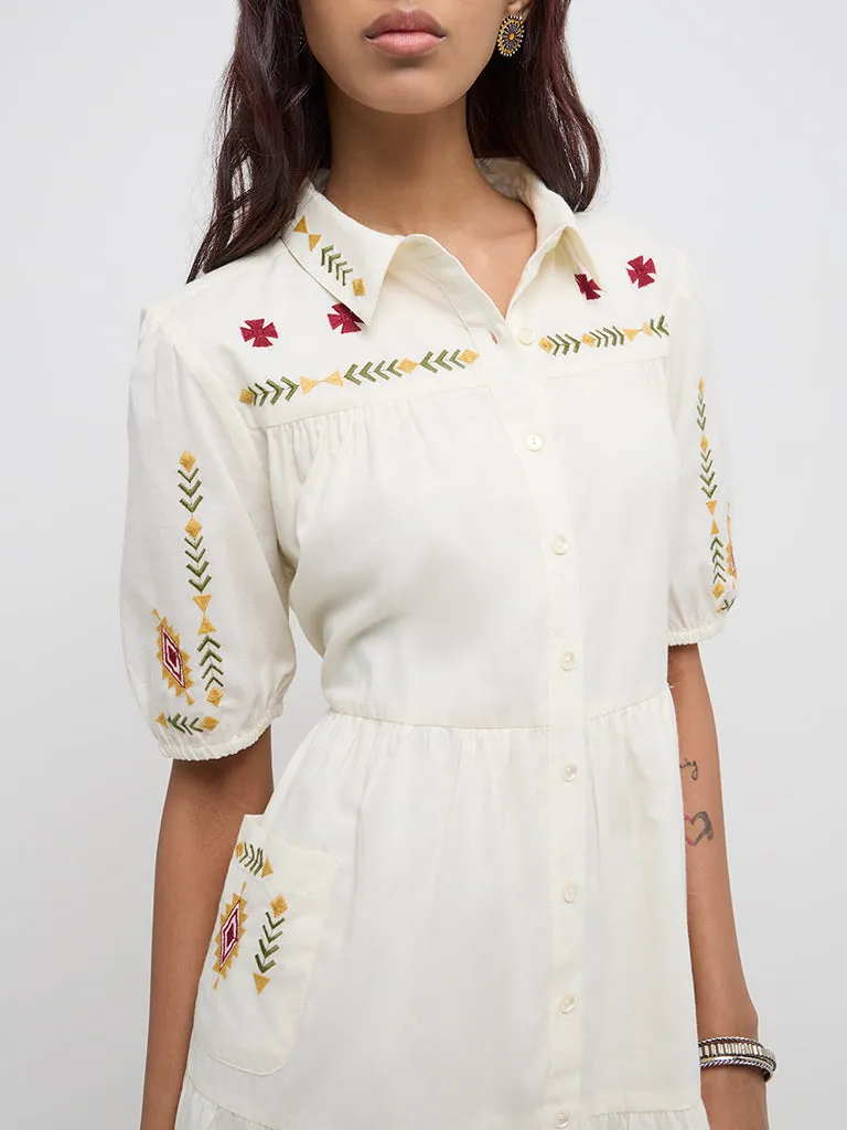 Bombay Paisley Off-White Embroidered Cotton Shirt Dress