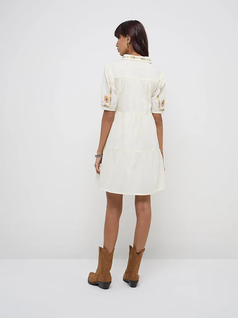 Bombay Paisley Off-White Embroidered Cotton Shirt Dress