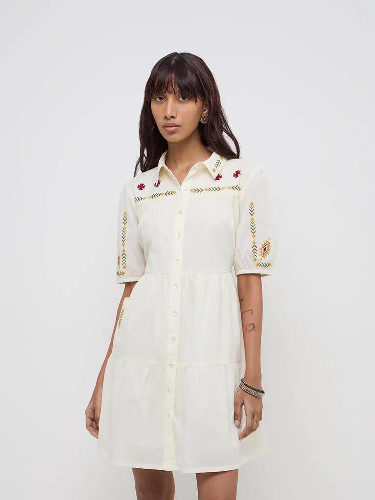 Bombay Paisley Off-White Embroidered Cotton Shirt Dress