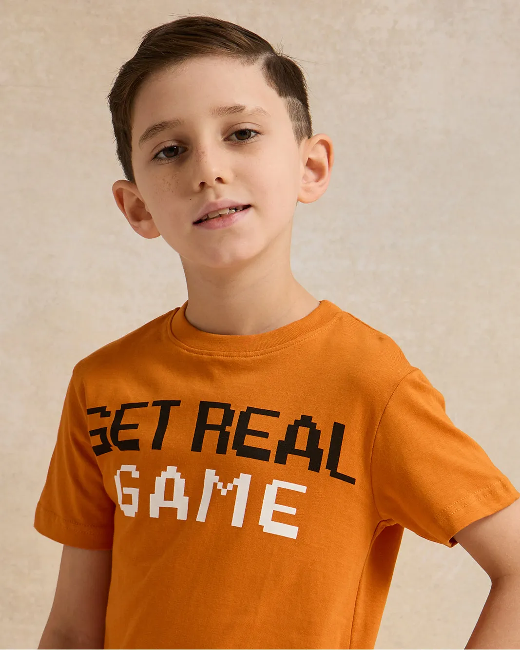 Boys Orange Printed  Basic T-Shirt