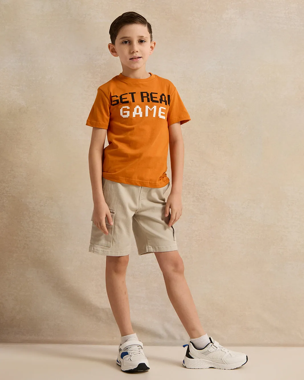 Boys Orange Printed  Basic T-Shirt