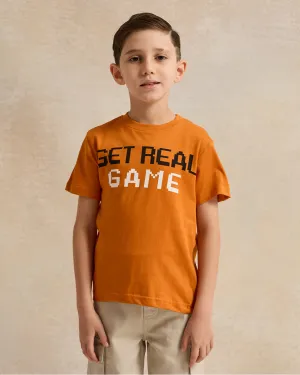 Boys Orange Printed  Basic T-Shirt
