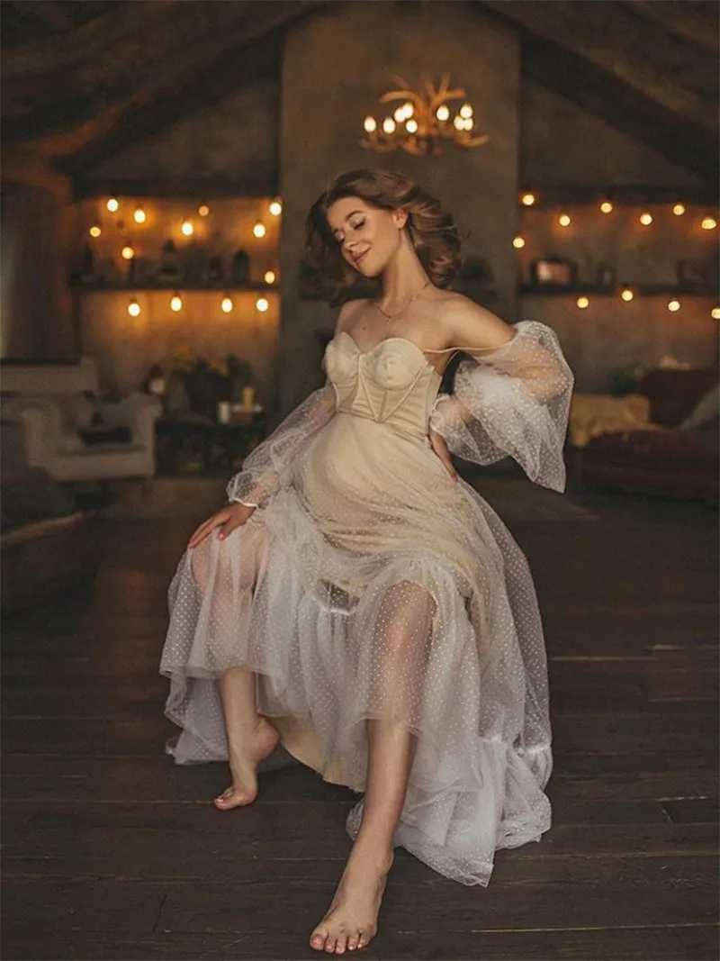 Bubble Sleeve Sweetheart Elegant Evening Maxi Dress Photoshoot Dress