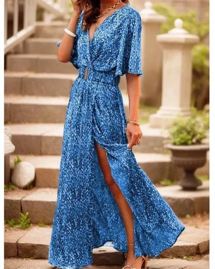 Carrie - Elegant maxi dress with V-neckline, short sleeves and beautiful floral print