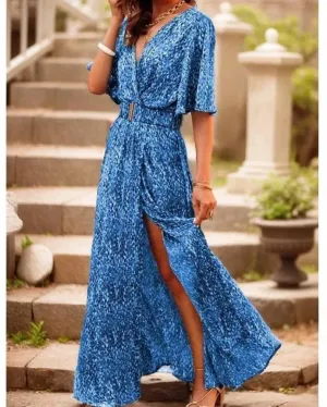 Carrie - Elegant maxi dress with V-neckline, short sleeves and beautiful floral print