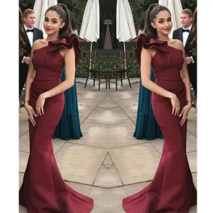 Charming Elegant Burgundy  Mermaid One Shoulder Flounced Sexy Prom Dresses， Evening Gowns ,PD1011