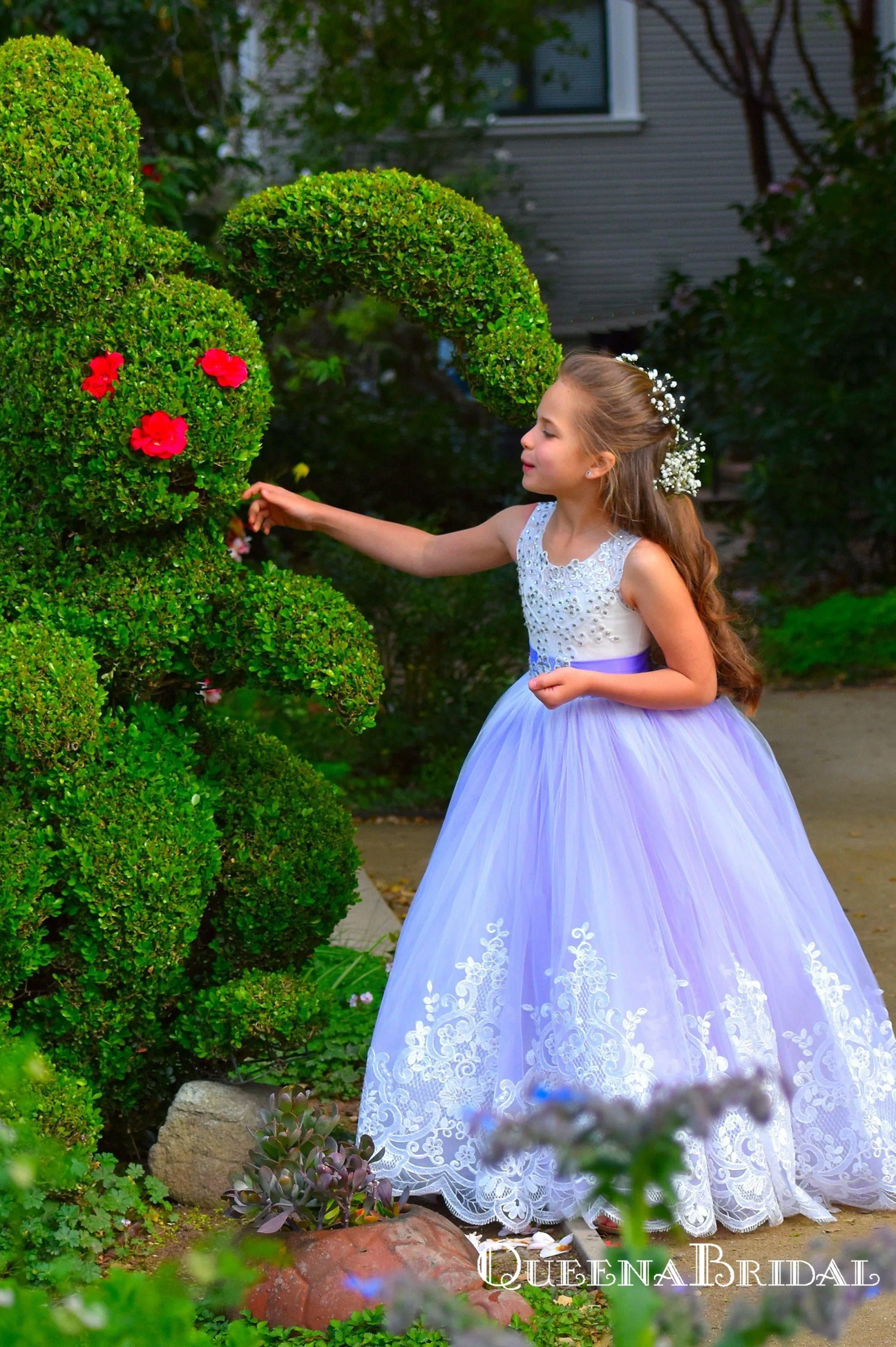 Charming Round Neck Purple Tulle Beaded A-line Long Cheap Flower Girl Dresses, FGS0023