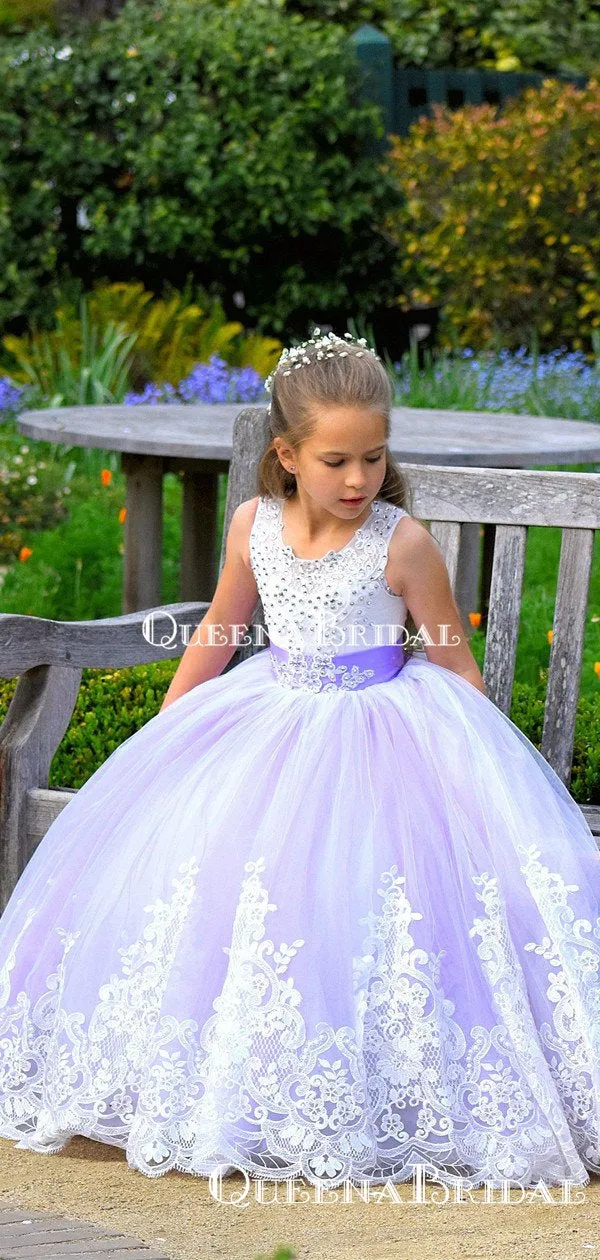 Charming Round Neck Purple Tulle Beaded A-line Long Cheap Flower Girl Dresses, FGS0023