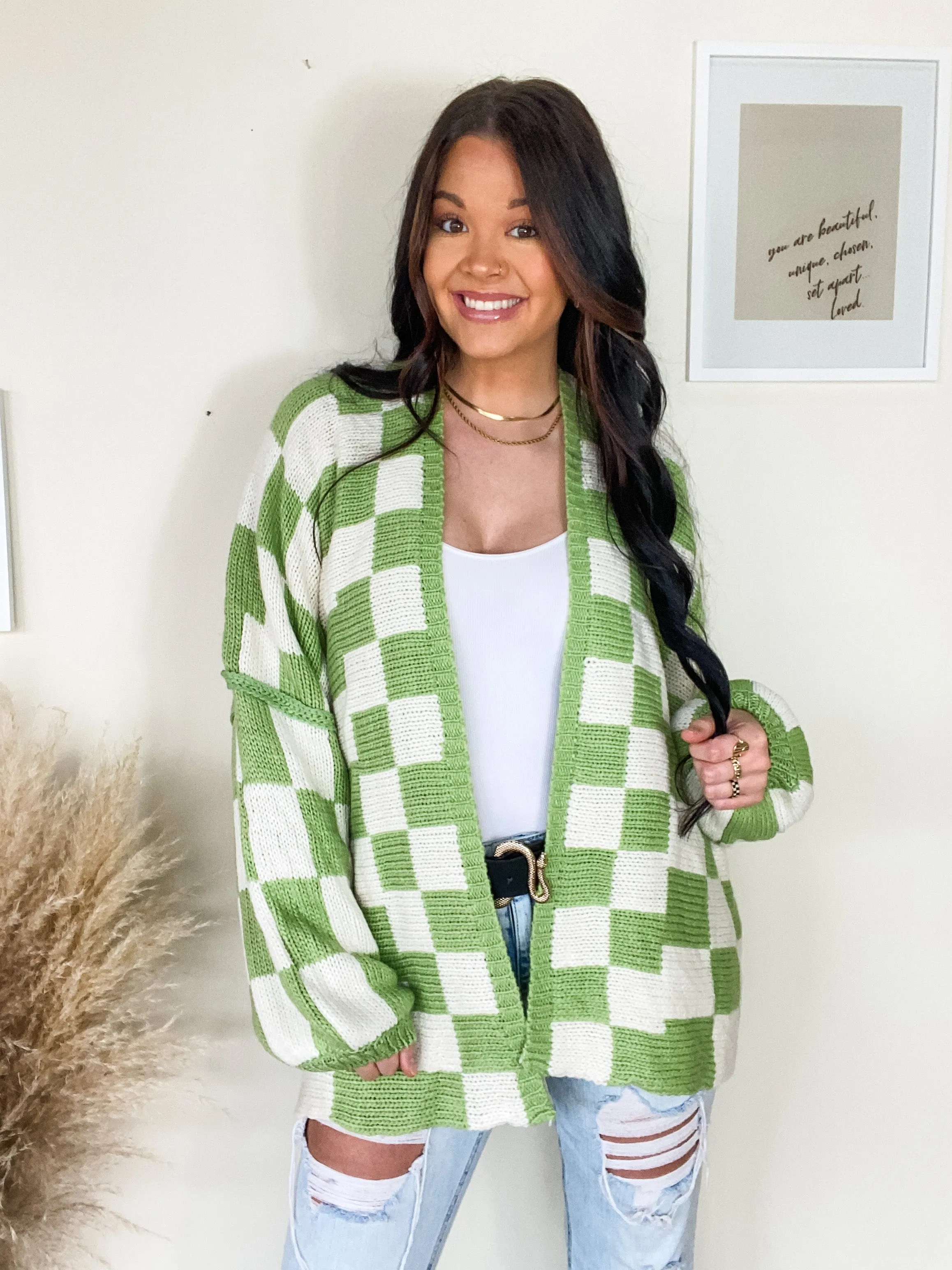 CHECK HER OUT CARDIGAN-LIME & WHITE