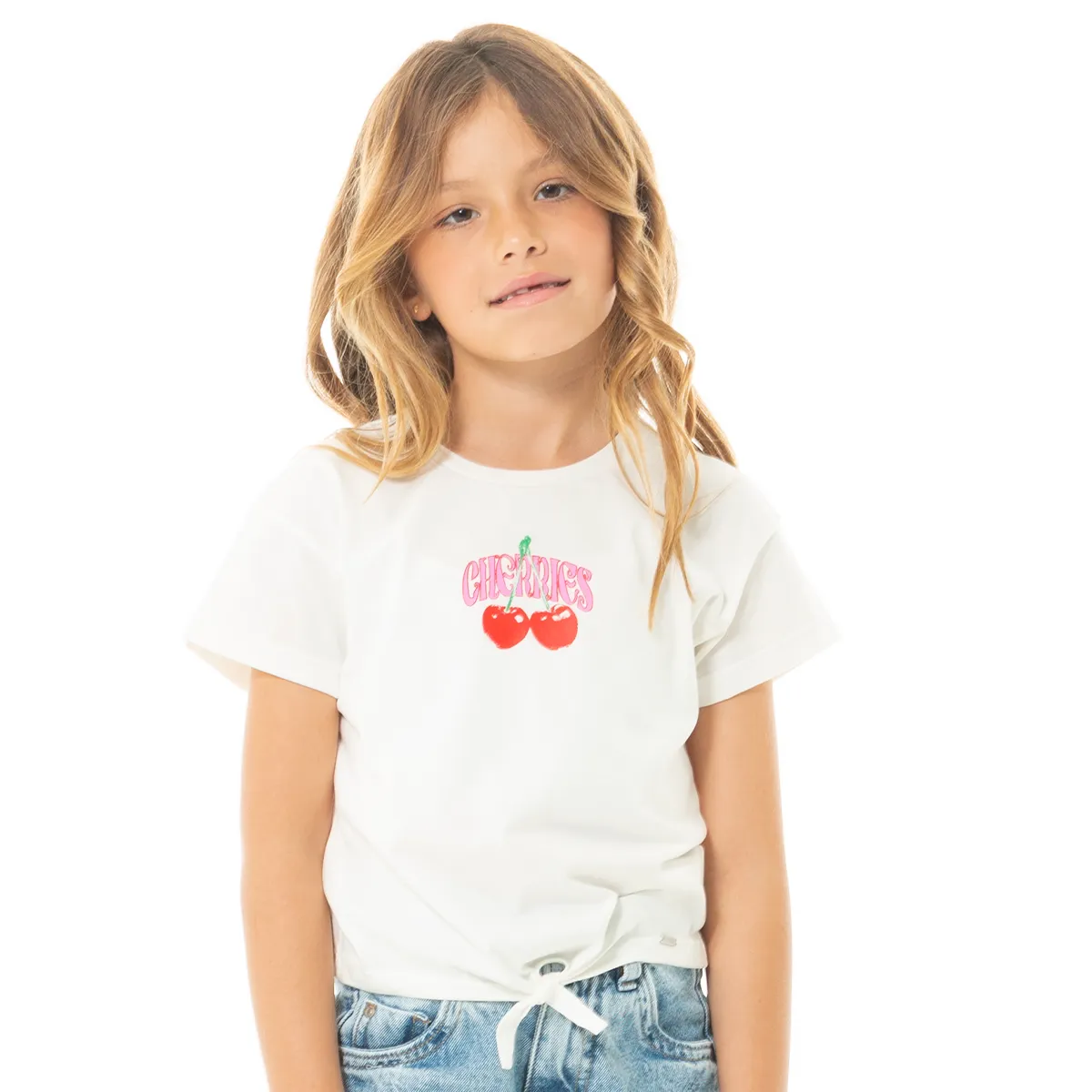 “Cherry Spirit” Back‑Graphic Tie‑Front Tee for Girls