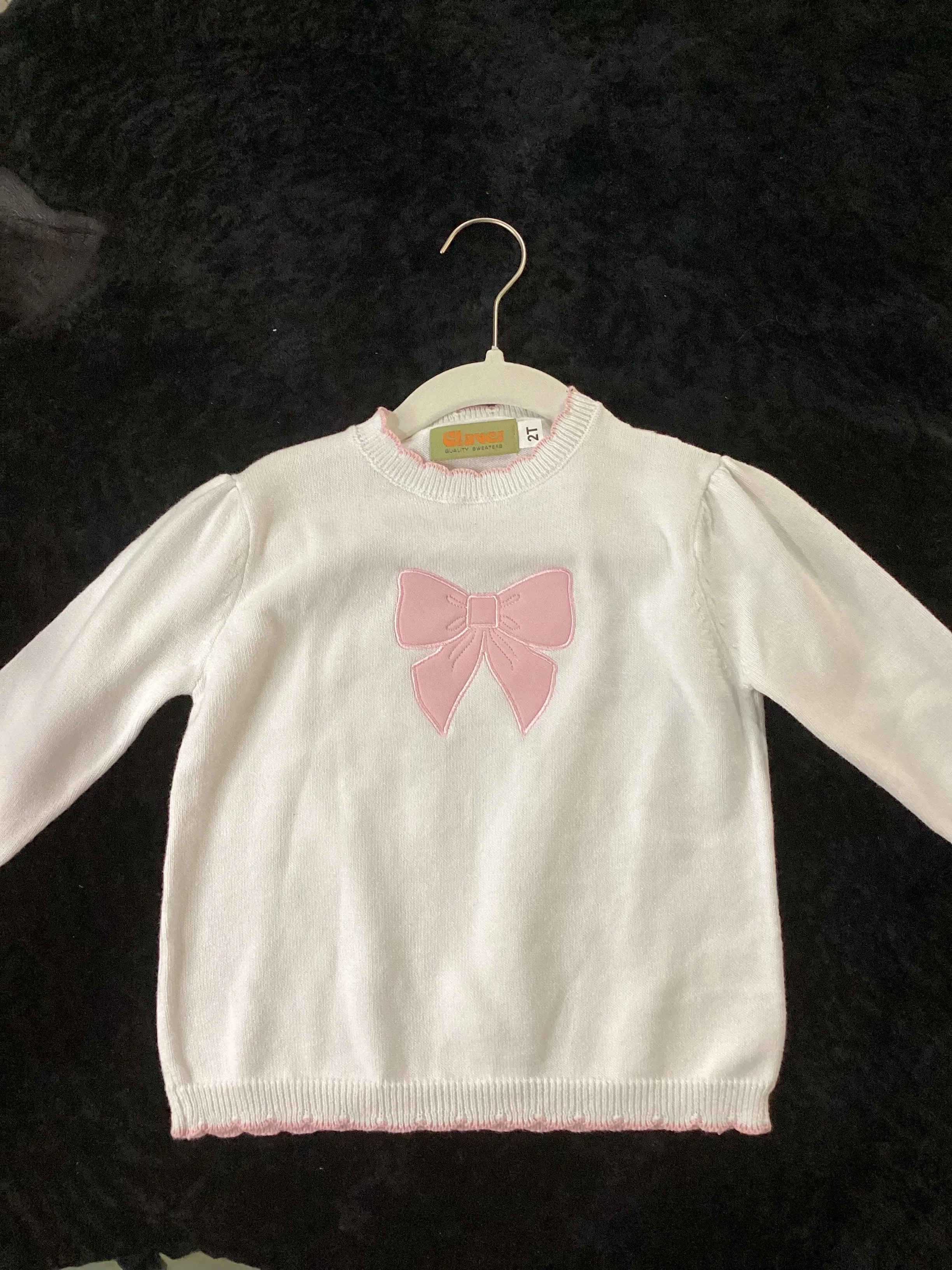 CLAVER LIGHT PINK BOW SCALLOPED NECK SWEATER