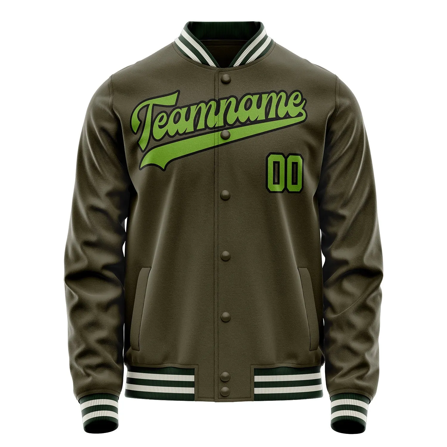 Custom Olive Neon-Green Solid Color Varsity Letterman Jacket