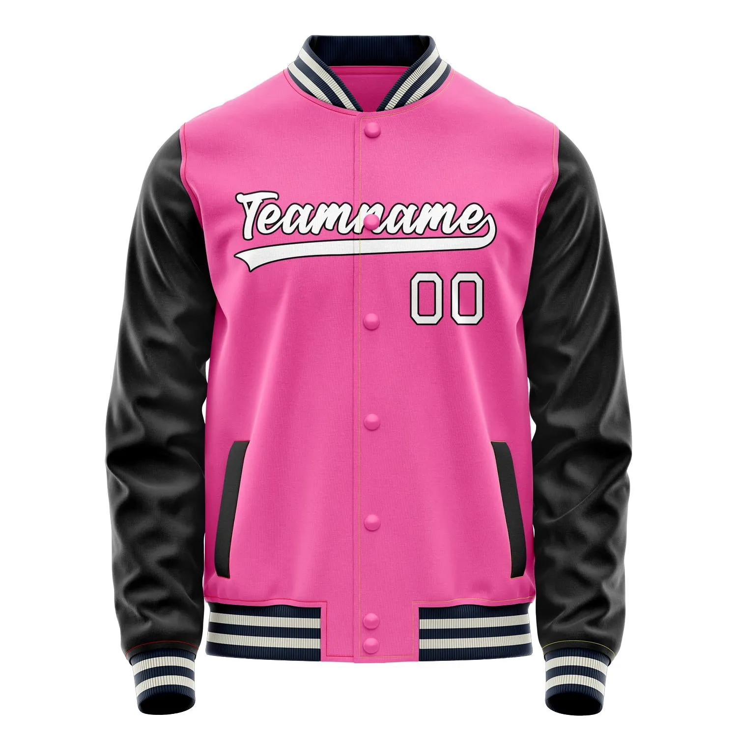 Custom Pink Black Solid Color Varsity Letterman Jacket