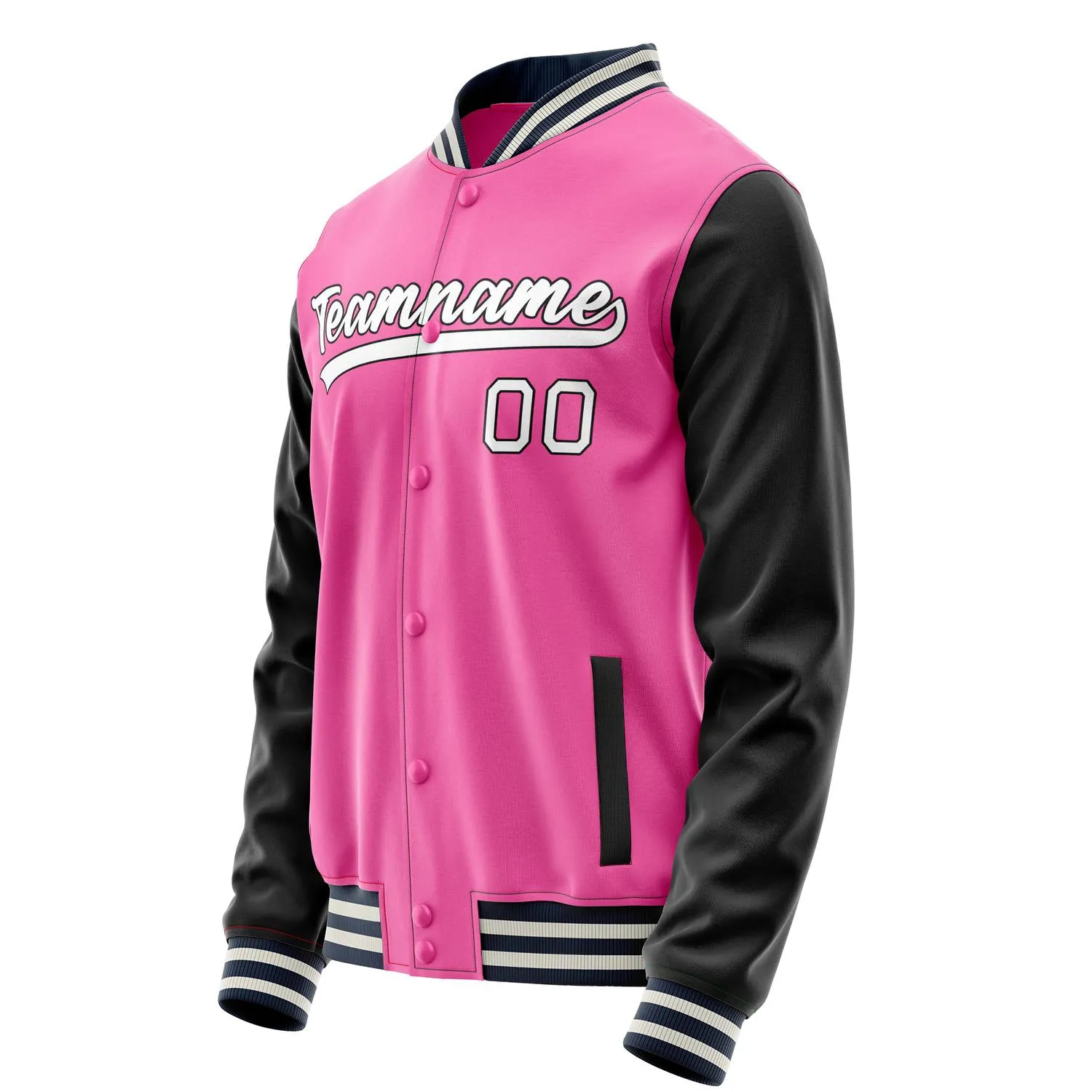 Custom Pink Black Solid Color Varsity Letterman Jacket