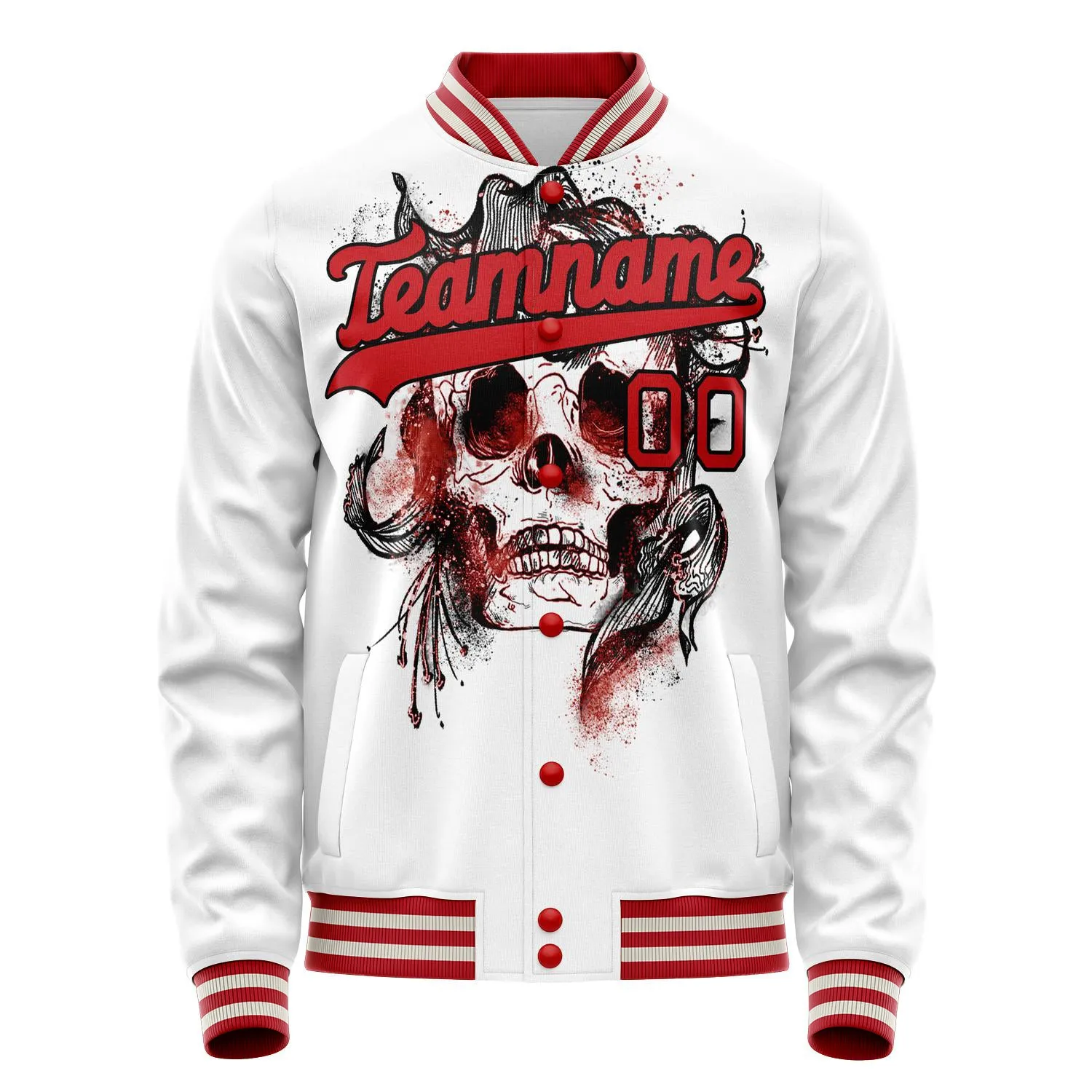 Custom White Red 3D Pattern Skull Varsity Letterman Jacket