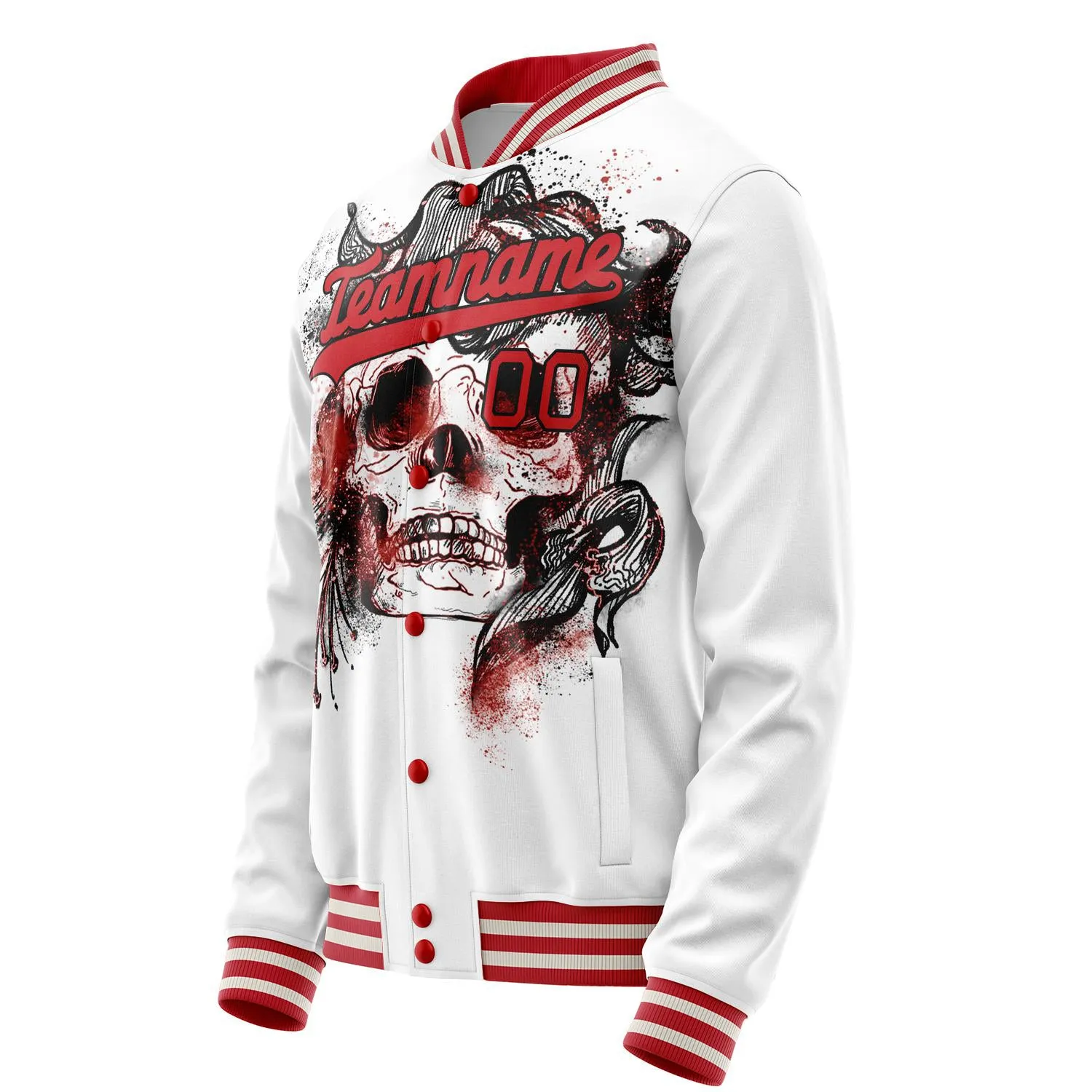 Custom White Red 3D Pattern Skull Varsity Letterman Jacket