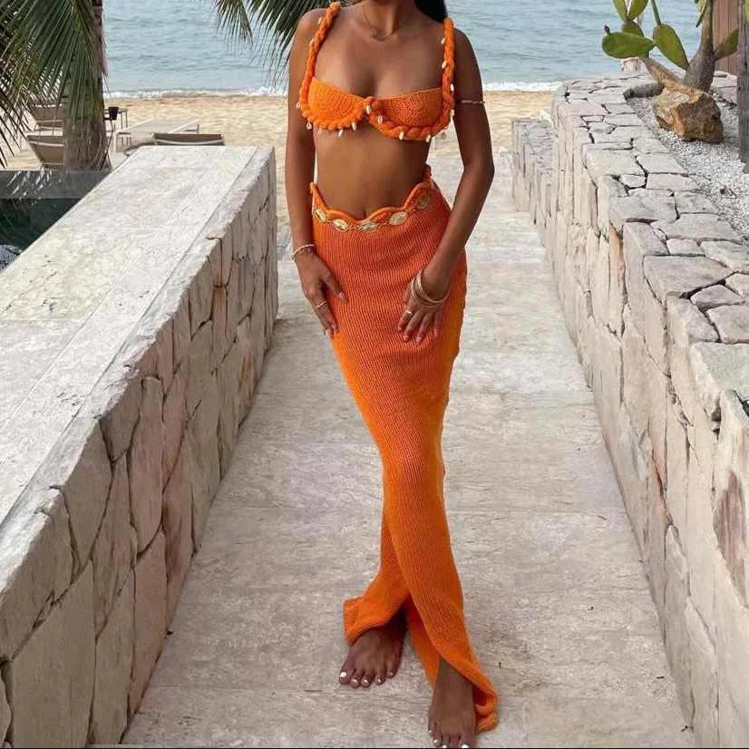 Delilah Crochet Woven Knitted Bra and Skirt Set