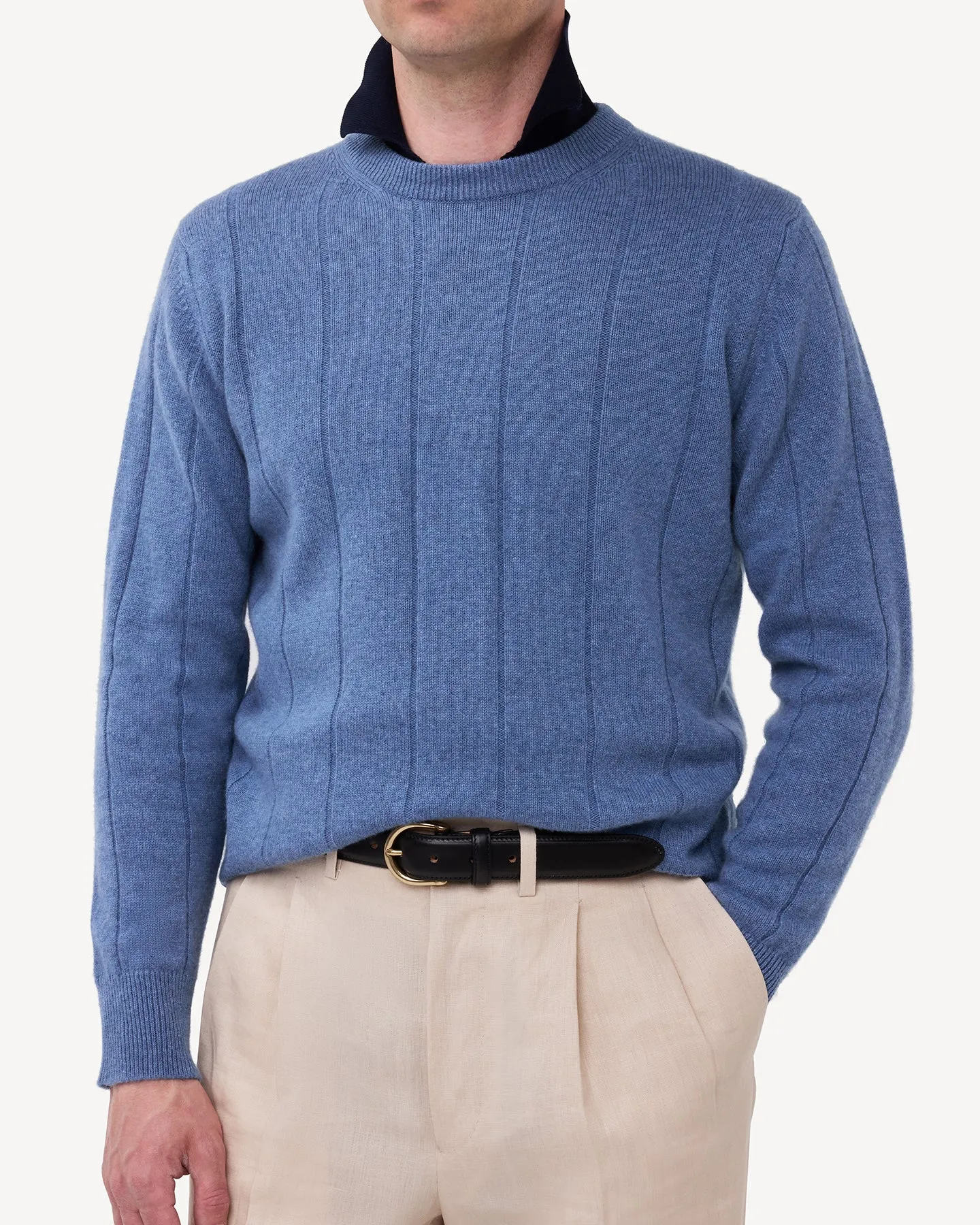 Denim Blue Cashmere Cotton Wide Rib Crew Neck