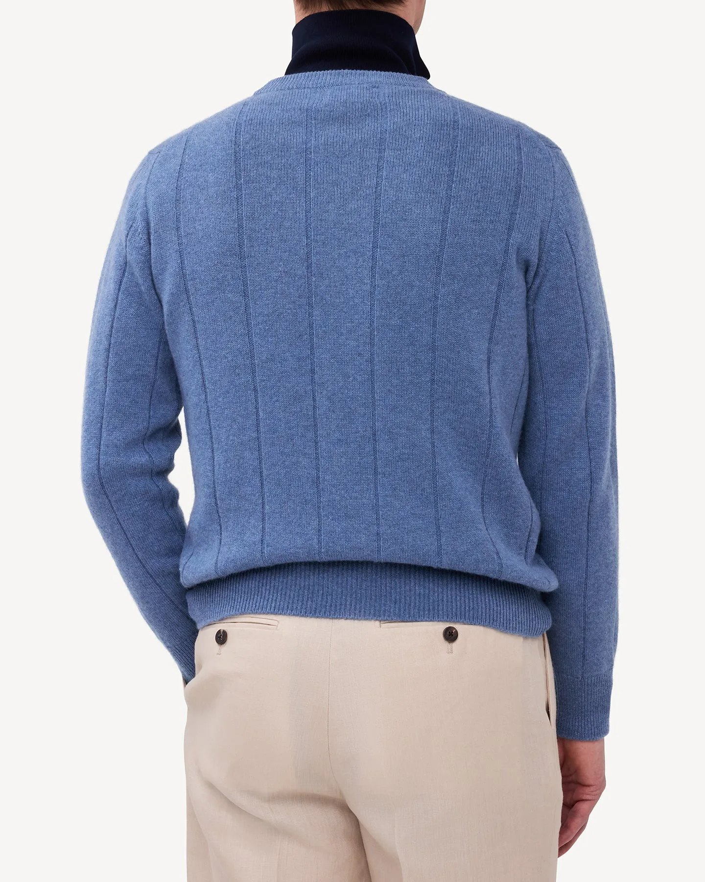 Denim Blue Cashmere Cotton Wide Rib Crew Neck