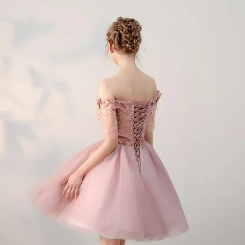 Dusty Pink Off Shoulder Short Sleeves Cheap Homecoming Dresses 2018, CM546