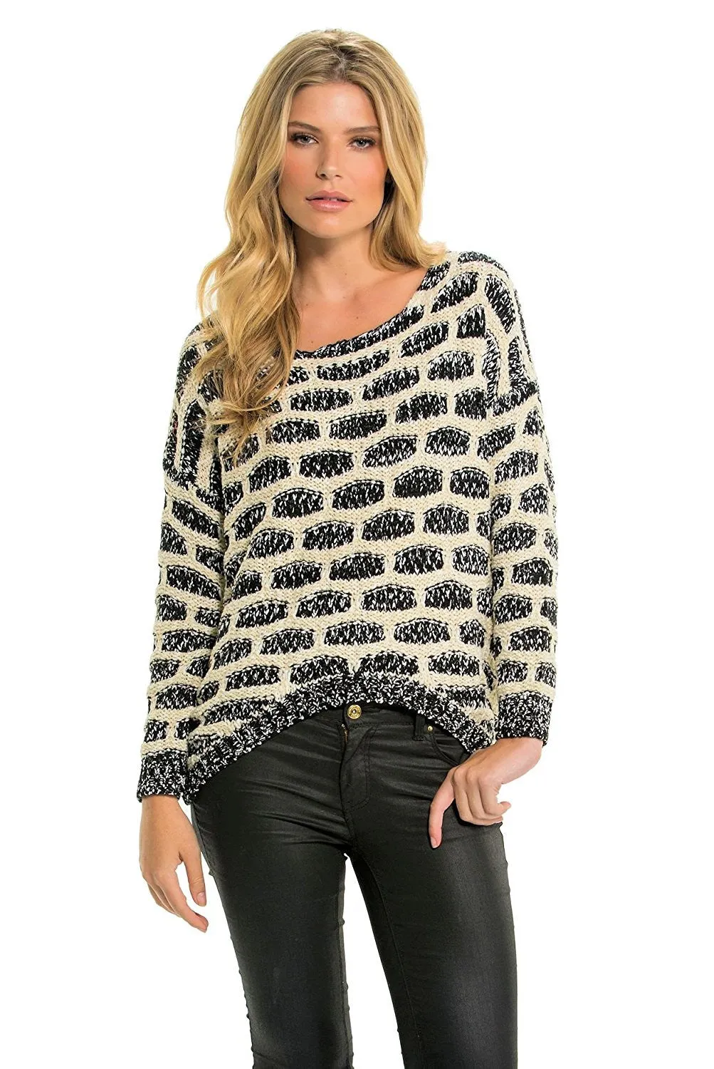 Elan | Black and White Crochet Sweater Hi Lo