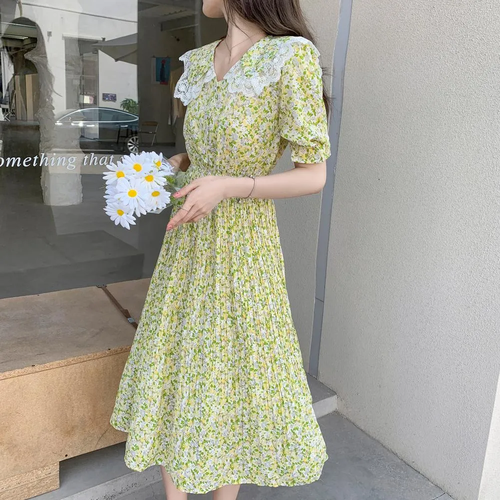 Elegant A-line Dress Featuring Pleats and a Floral Design
