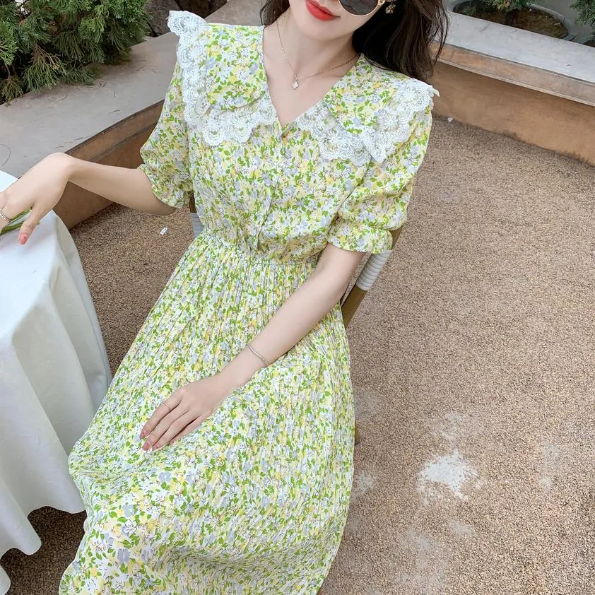 Elegant A-line Dress Featuring Pleats and a Floral Design
