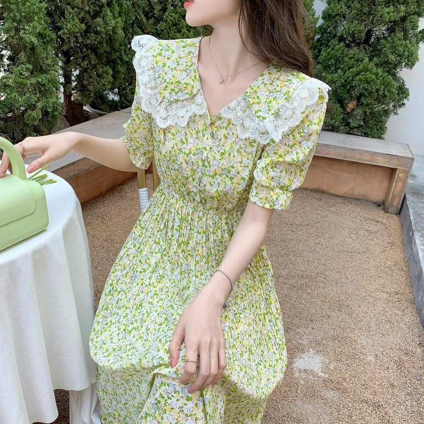 Elegant A-line Dress Featuring Pleats and a Floral Design