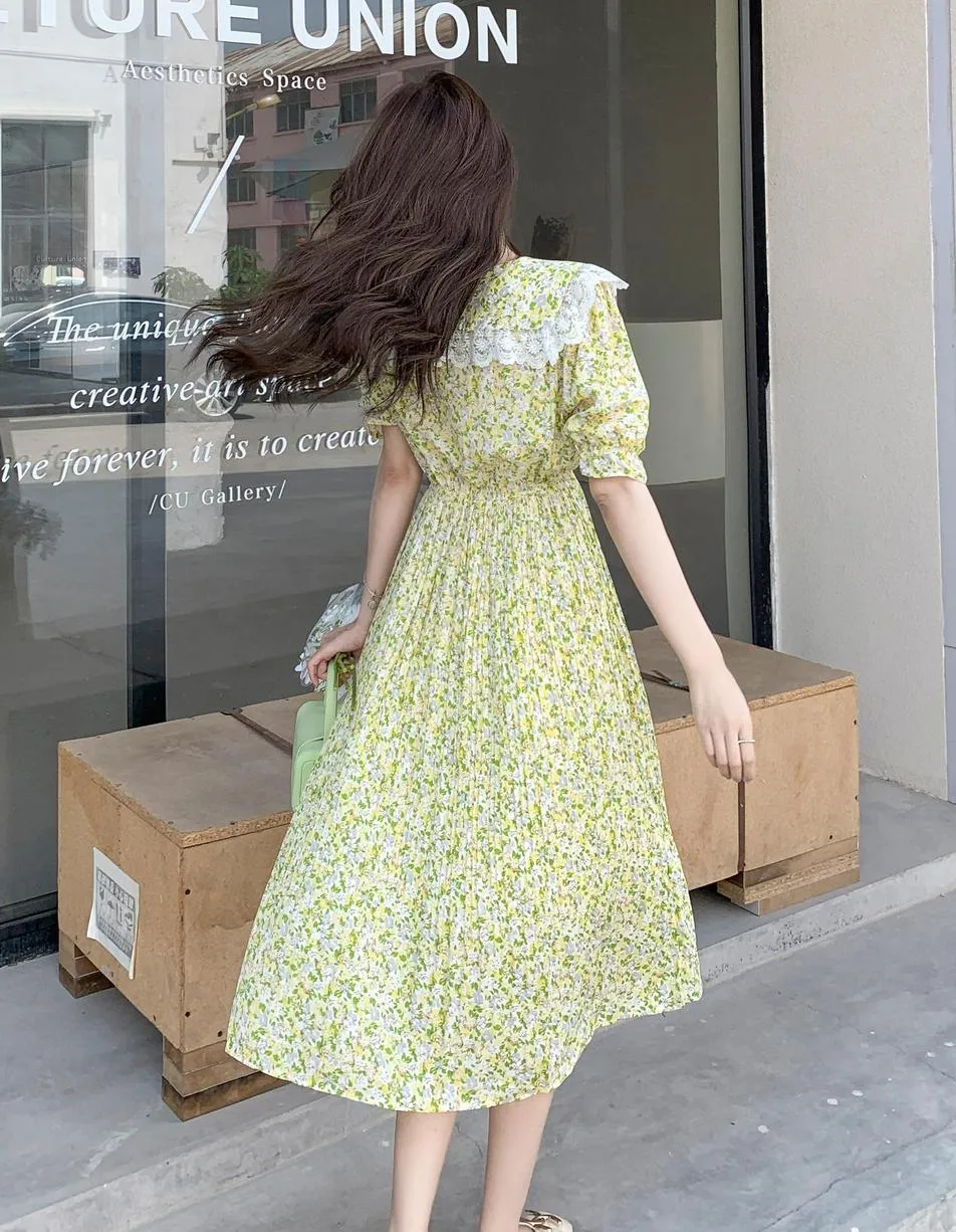 Elegant A-line Dress Featuring Pleats and a Floral Design