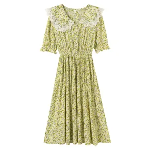 Elegant A-line Dress Featuring Pleats and a Floral Design